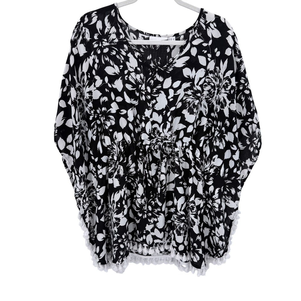 Susan Graver Floral Kaftan Swim Cover Black White Drawstring Waist Pockets Large